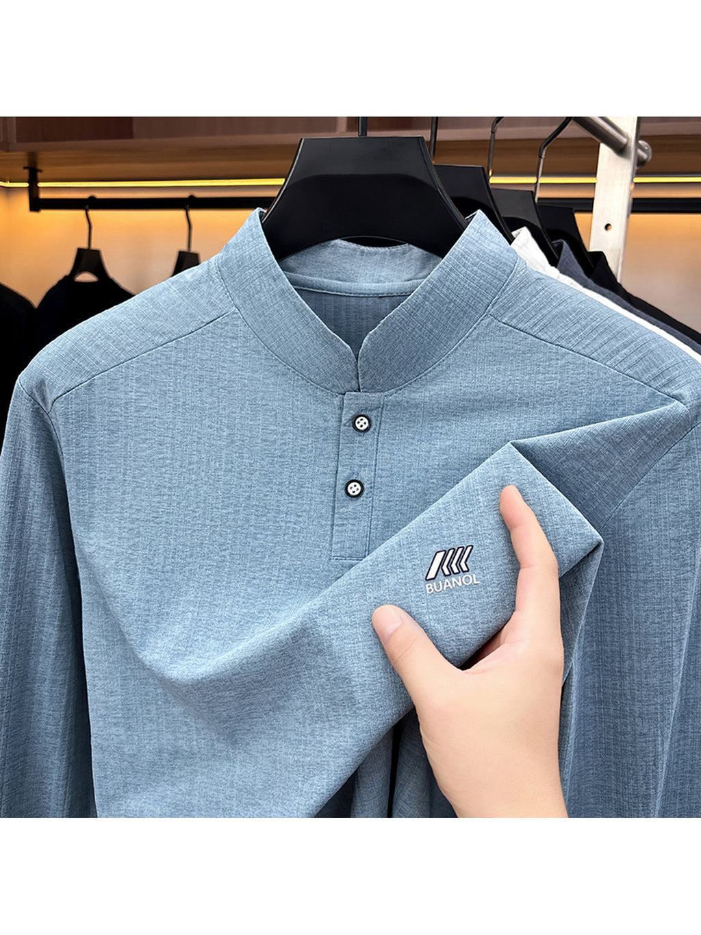 Men'S Henley Collar Vertical Stripe Stretch Long Sleeve T-Shirt - Gray Blue