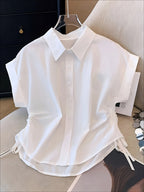 Women's Casual Short-Sleeve Single-Breasted Button-Up Short Shirt with Drawstring, Simple Loose Fit Top for Outings and Commuting, Suitable for Summer - White