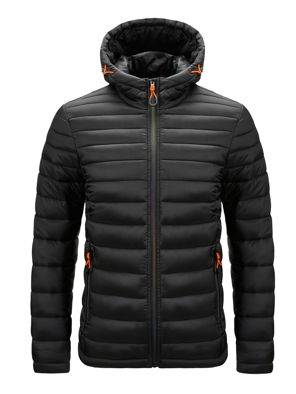 Men's Winter Padded Coat, Hooded Padded Top, Warm Quilted Jacket with Colorful Zipper Pockets - Black