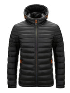 Men's Winter Padded Coat, Hooded Padded Top, Warm Quilted Jacket with Colorful Zipper Pockets - Black