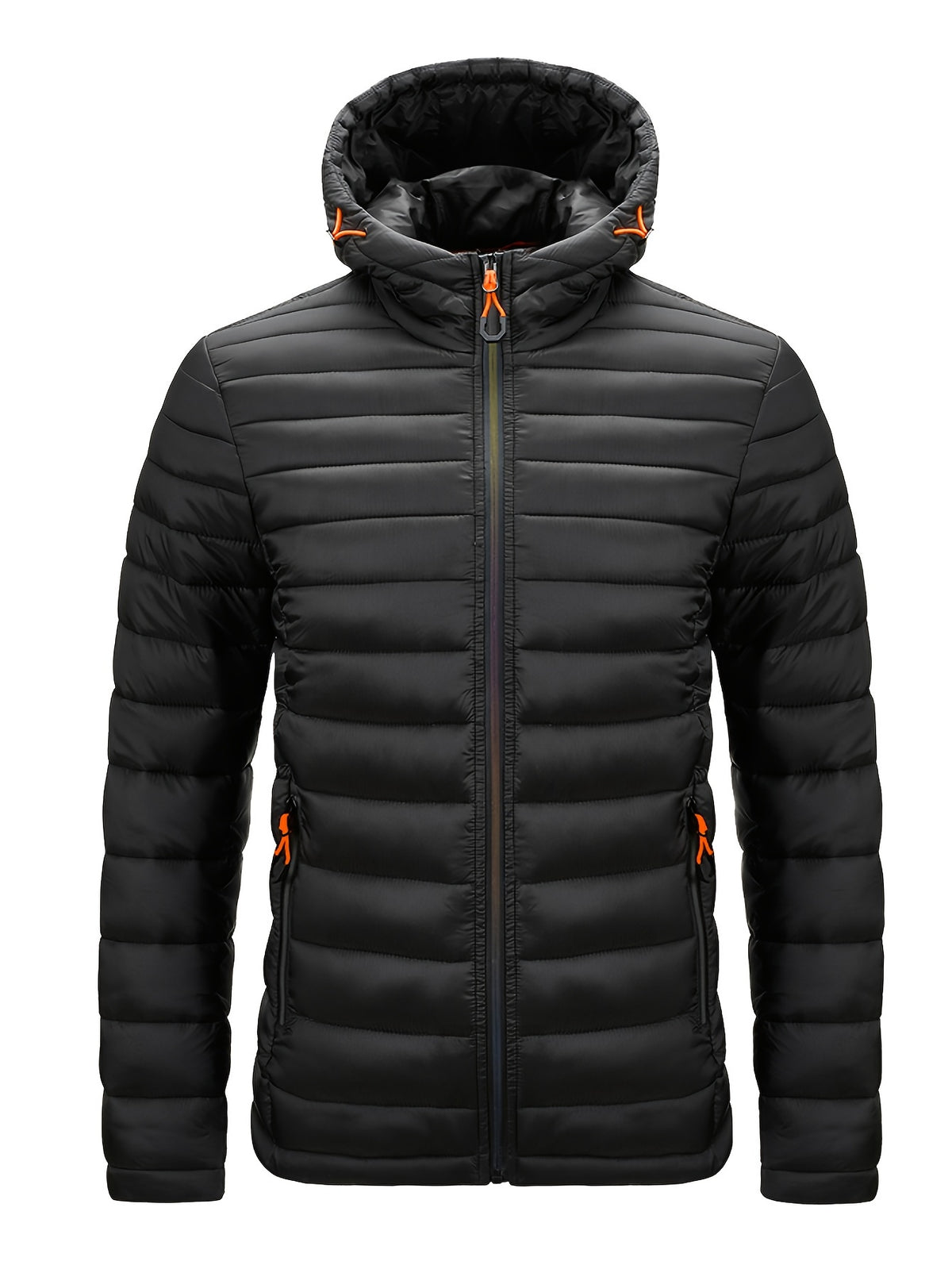 Men's Winter Padded Coat, Hooded Padded Top, Warm Quilted Jacket with Colorful Zipper Pockets - Black