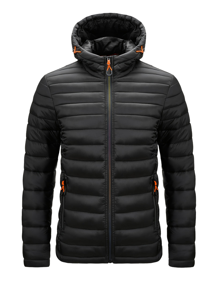 Men's Winter Padded Coat, Hooded Padded Top, Warm Quilted Jacket with Colorful Zipper Pockets - Black