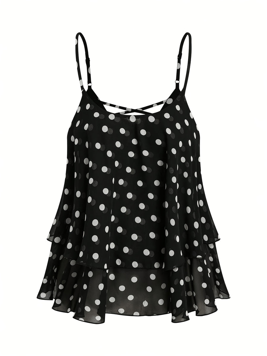 2026 New Black And White Polka Dot Spaghetti Strap Cami, Double-Layer Flowing Skirt Hem, Vacation Style Top, Lazy Style Polka Dot Chiffon Cami, Double-Layer A-Line Fit, Versatile Casual Date Sleeveless Top - Black