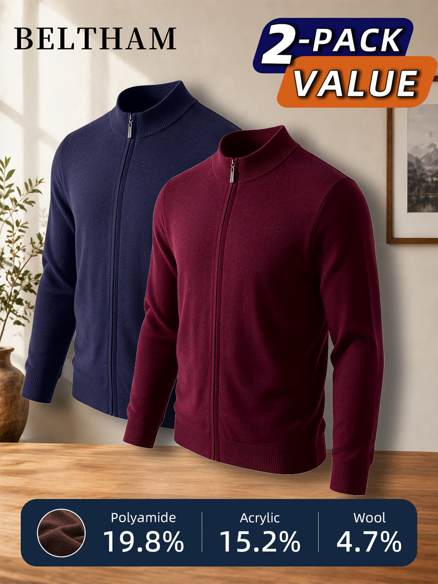 2pcs New Spring Autumn Winter Men'S Knit Cardigan, Ideal Gift for Father And Husband, Solid Color Zipper Design Sweater, Elegant Versatile Knit Cardigan Coat, Suitable for Daily Casual Business Sports Outdoor Camping Fishing Wear - Navy Blue+Wine Red