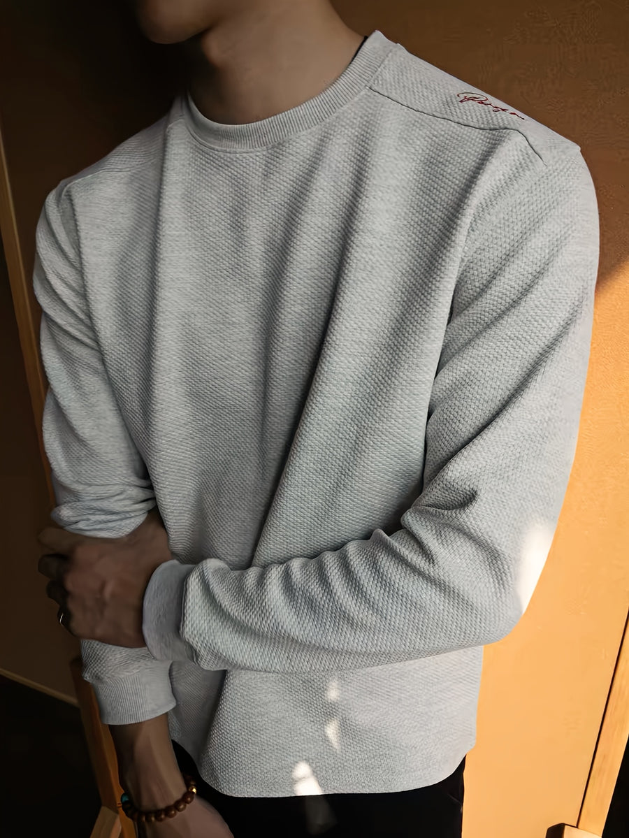 Men'S Sweatshirt Honeycomb Embroidery Sweatshirt Men'S Spring Autumn Round Neck Waffle Long Sleeve T-Shirt Fitness Cool - Grey