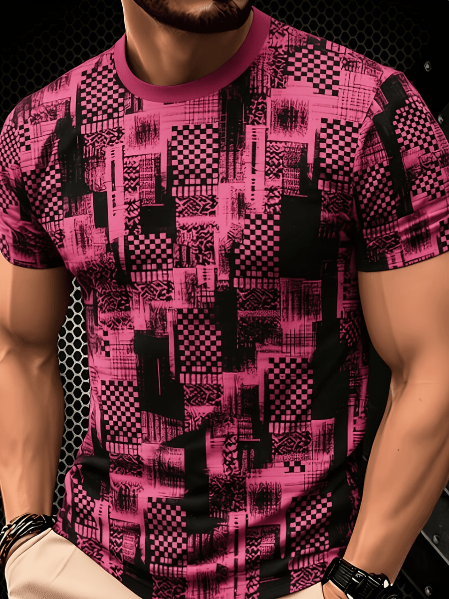 2026 Men'S All-Match Breathable Comfortable New Casual Top, Black Gray Blue Plaid Patchwork Print T-Shirt, Men'S Round Neck Short Sleeve Business Casual Top, Low-Key Premium, Plaid Patchwork, Abstract Lines, Dark Tone Texture, Daily Casual Wear - Style 9