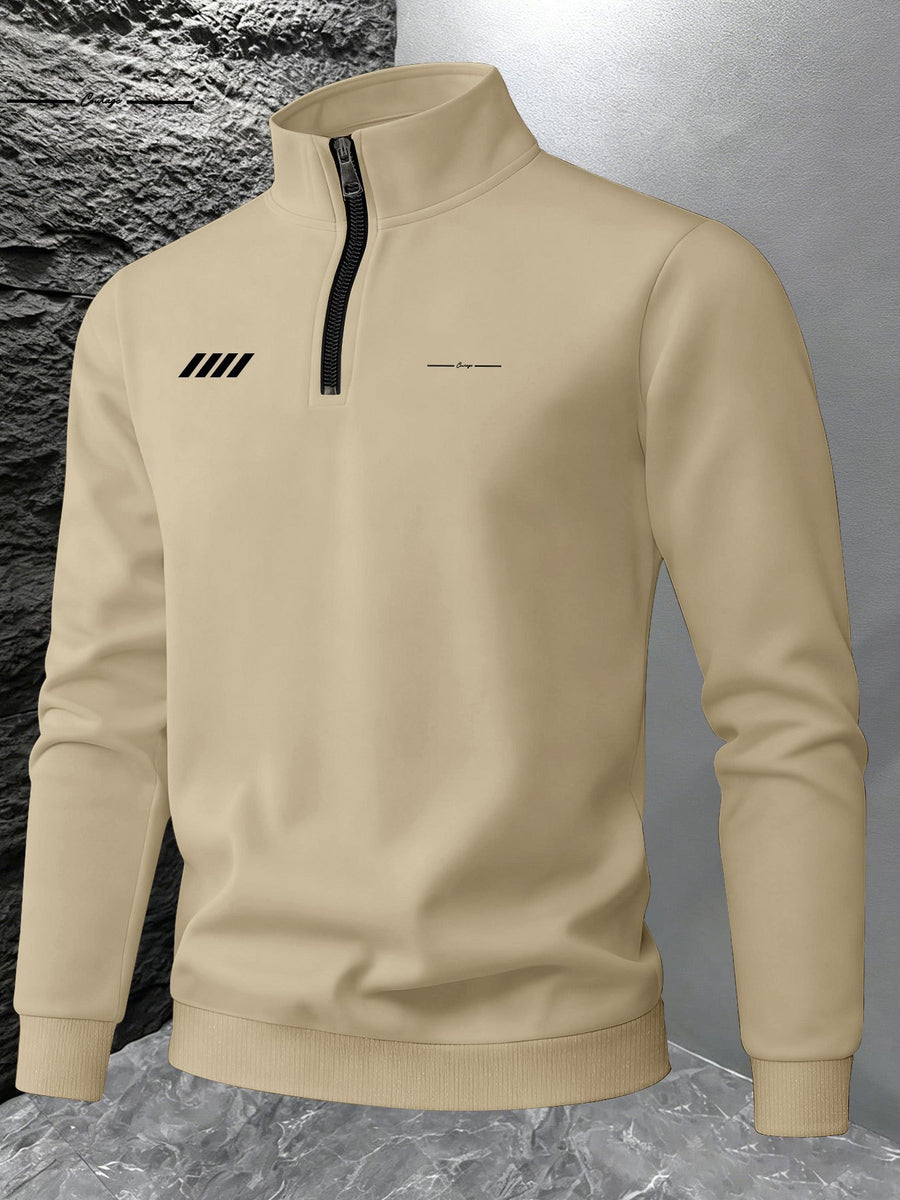 Men'S Spring Autumn Stand Collar Half-Zip Pullover Sweater, Easy Line Pattern Print, Men'S Athletic Long Sleeve, Spring Autumn Casual Top, Breathable Casual Athletic Sweatshirt - Apricot