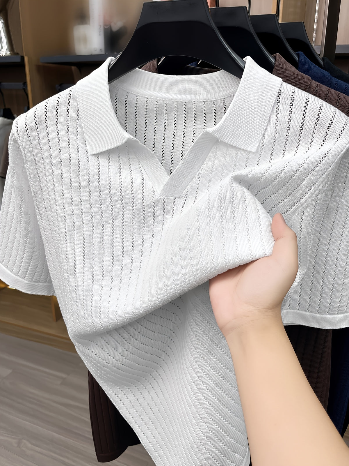 Du Jing Lan OBM 3pcs Set: New Spring/Summer Men's Knitted Pullover, Old Money Style Solid Color Plaid Openwork Breathable Short-Sleeve T-Shirt, Men's Business Casual Fashion Half-Placket Lapel Knit Polo Shirt Base Layer Top. Suitable for Wearing - White+Black+Navy Blue