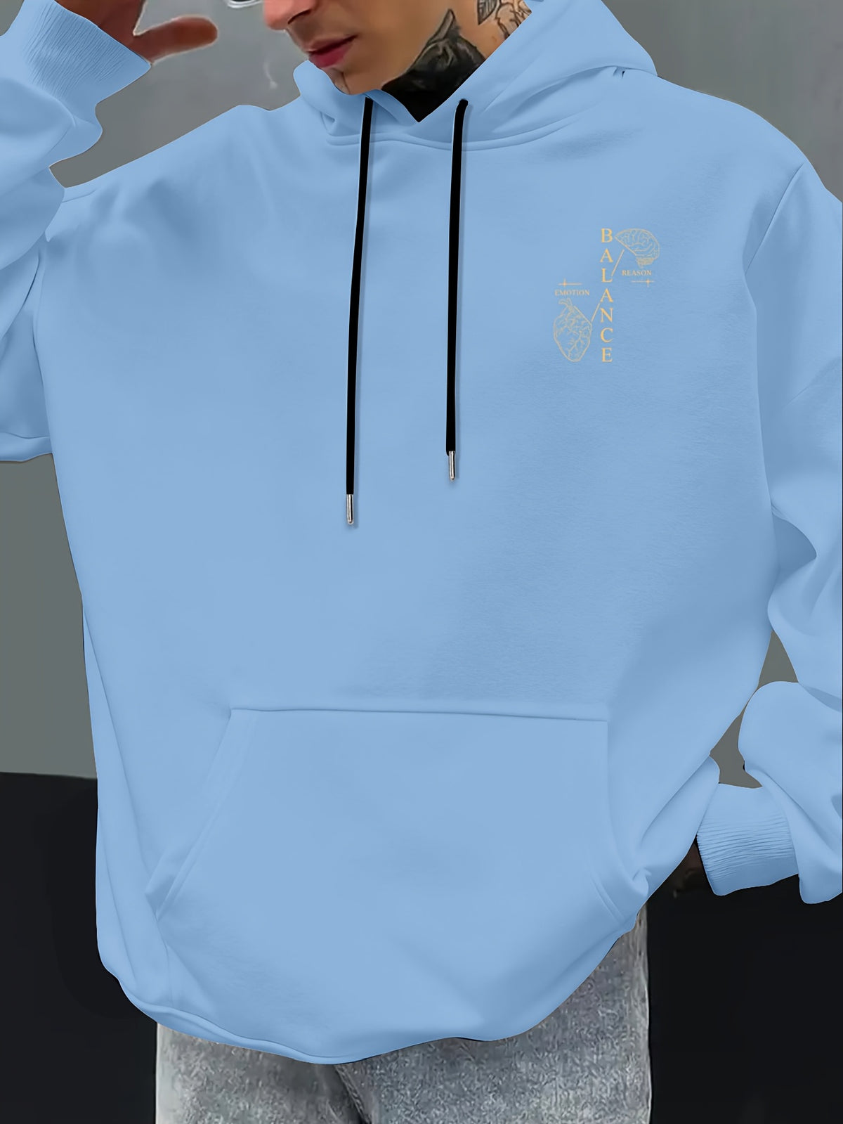 Men'S Autumn Winter Print Hooded Fleece Sweatshirt, Versatile Athletic Casual Loose Hooded Sweater - Light Blue