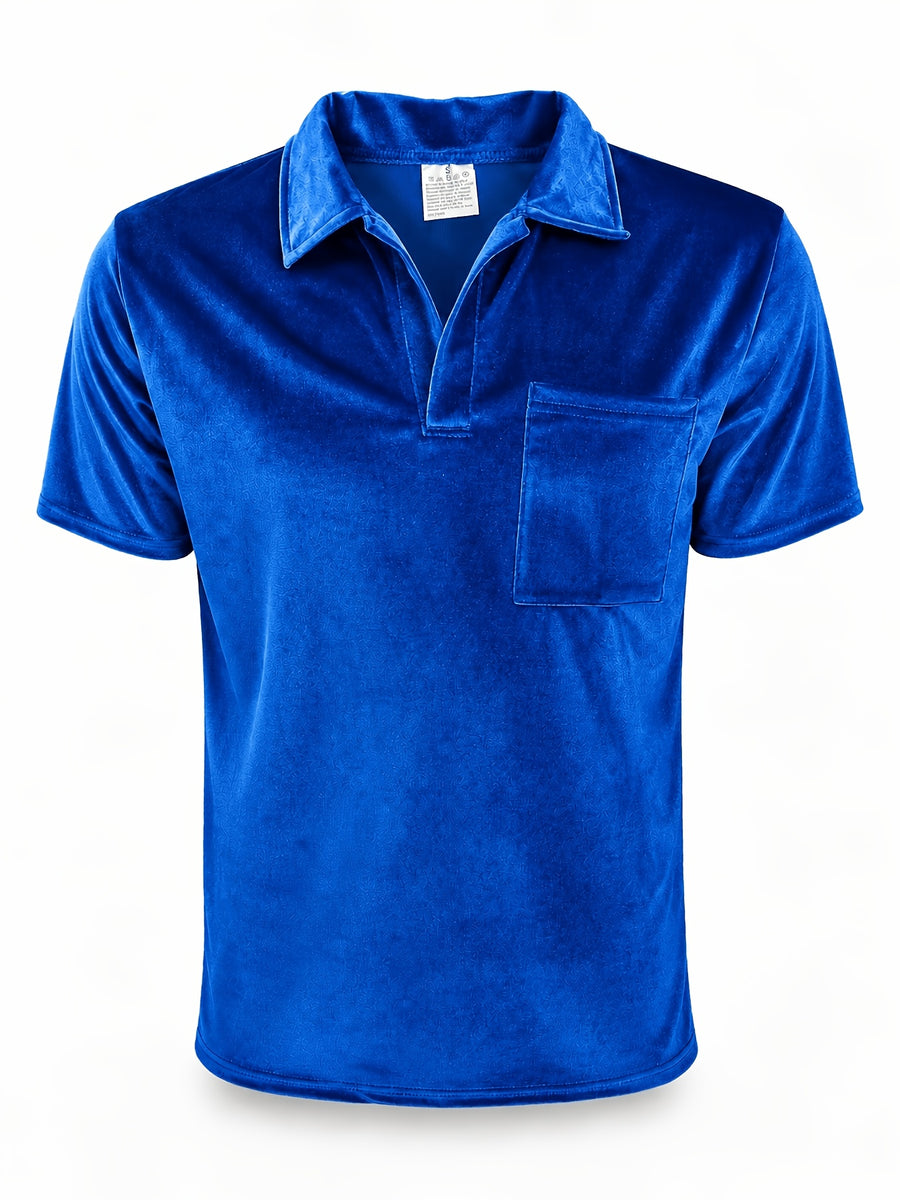 Men's Velvet Lapel Short-Sleeve Polo Shirt, American Relaxed Style, Soft, Skin-Friendly, Breathable, and Versatile, for Daily Commuting and Streetwear - Blue