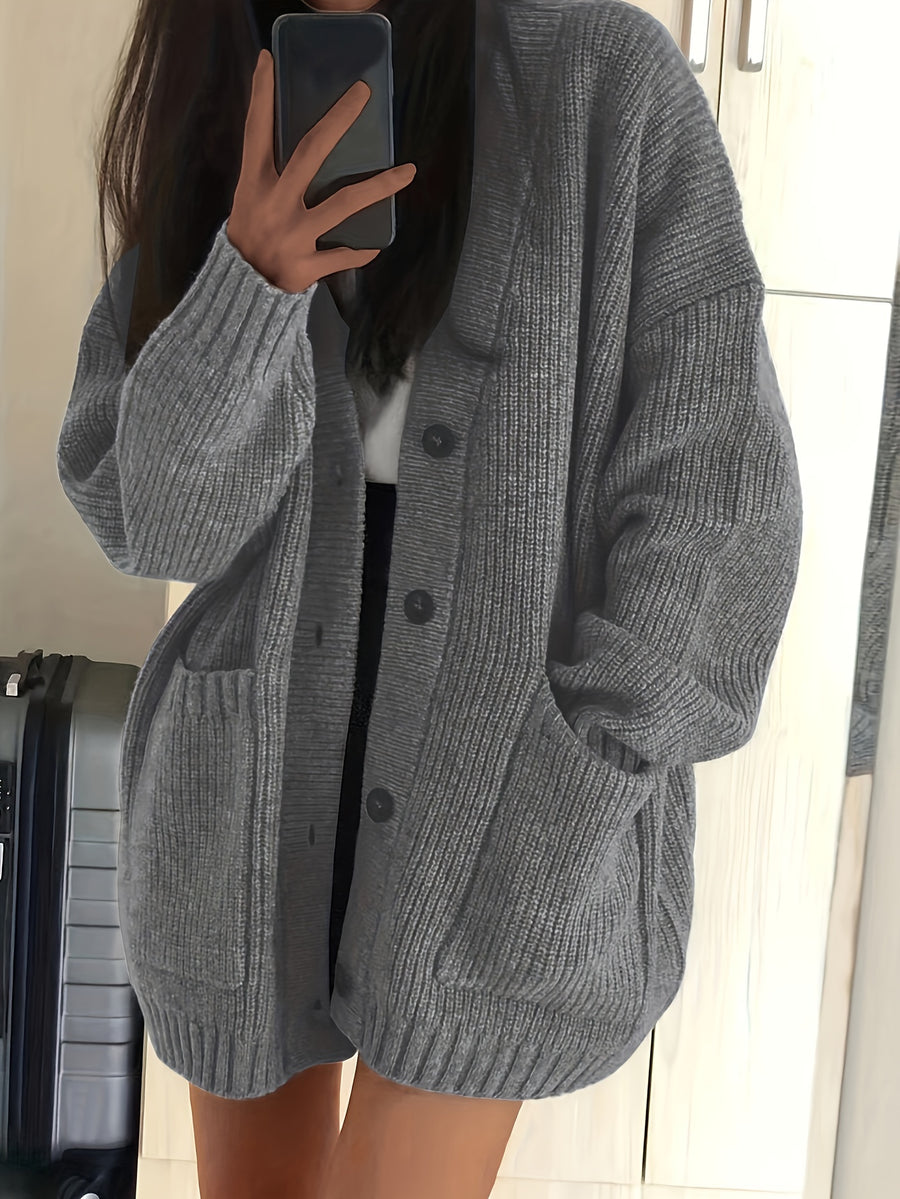 Casual V-Neck Single-Button Sweater Women'S Autumn Winter Cardigan - Grey