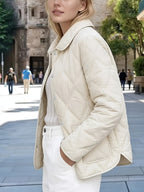Spring/Autumn Women's Outerwear, Doll Collar Rhombus Quilted Padded Coat, New Year Outfit and Year-End Style, Versatile Top for Daily Commuting and Dates, High-Quality Women's Clothing, Elegant and Chic Loose Fit Padded Coat, Popular Top - Ivory White