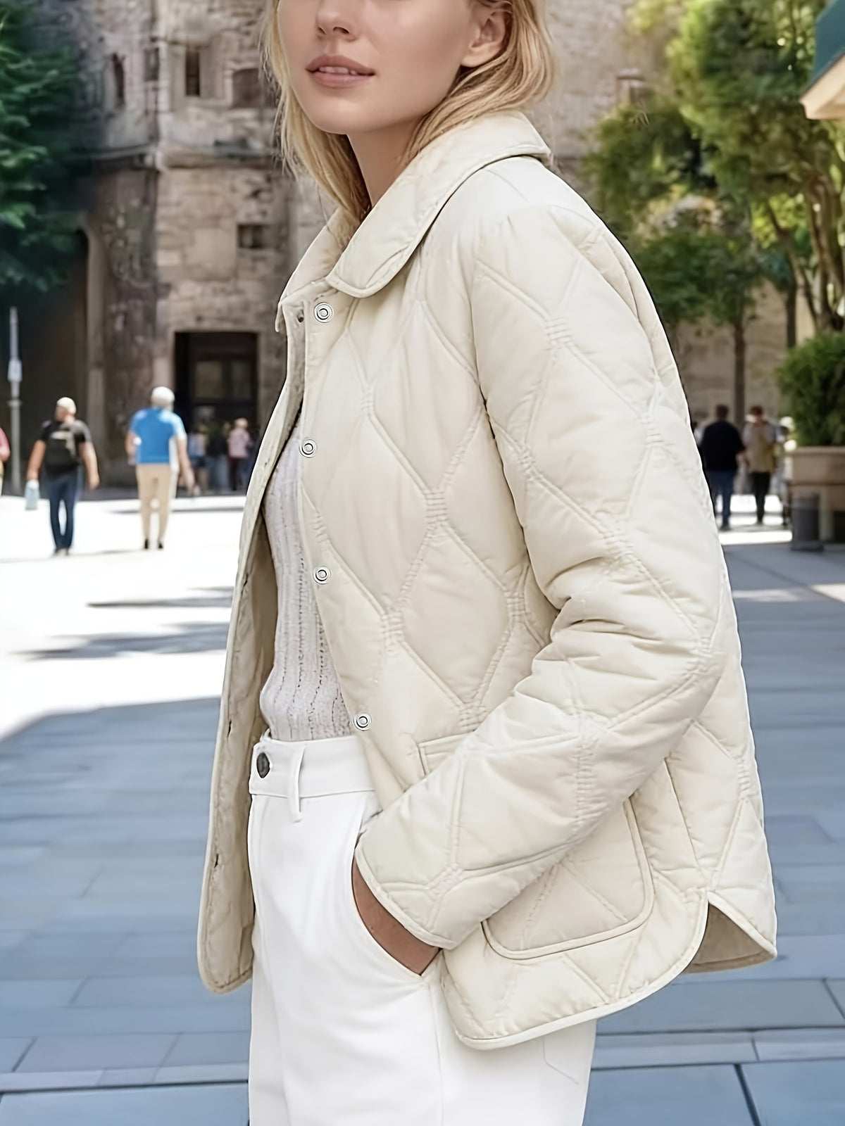 Spring/Autumn Women's Outerwear, Doll Collar Rhombus Quilted Padded Coat, New Year Outfit and Year-End Style, Versatile Top for Daily Commuting and Dates, High-Quality Women's Clothing, Elegant and Chic Loose Fit Padded Coat, Popular Top - Ivory White