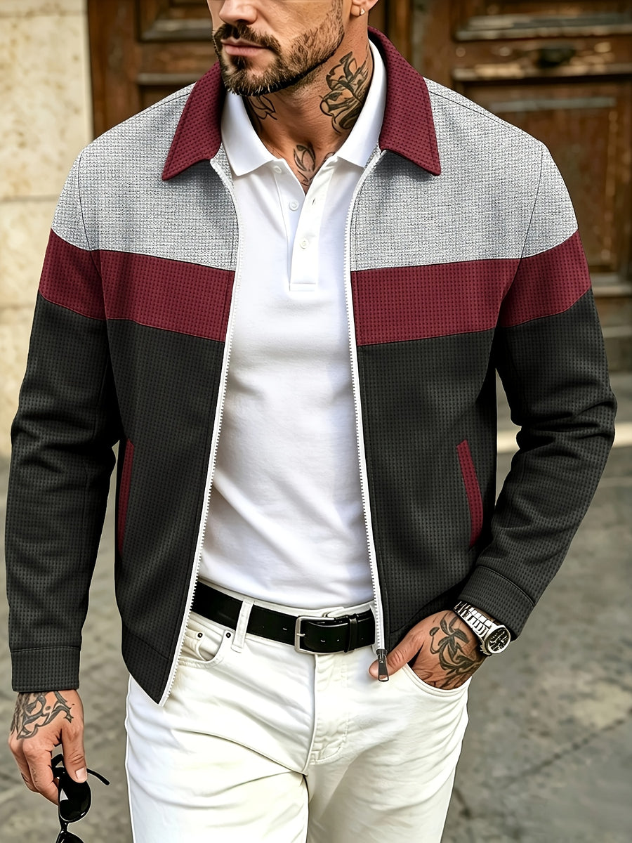 Men'S Waffle Checkered Color-Block Zipper Jacket, Lapel Contrast Patchwork Side Pockets, Spring Autumn Casual Loose Coat - Burgundy