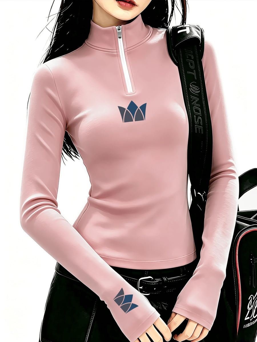 Women's Elegant Half-high Collar Zip-up Long-sleeve Shirt, Mid-stretch Fabric Top, an Essential for Layering in Autumn and Winter for Warmth - pink