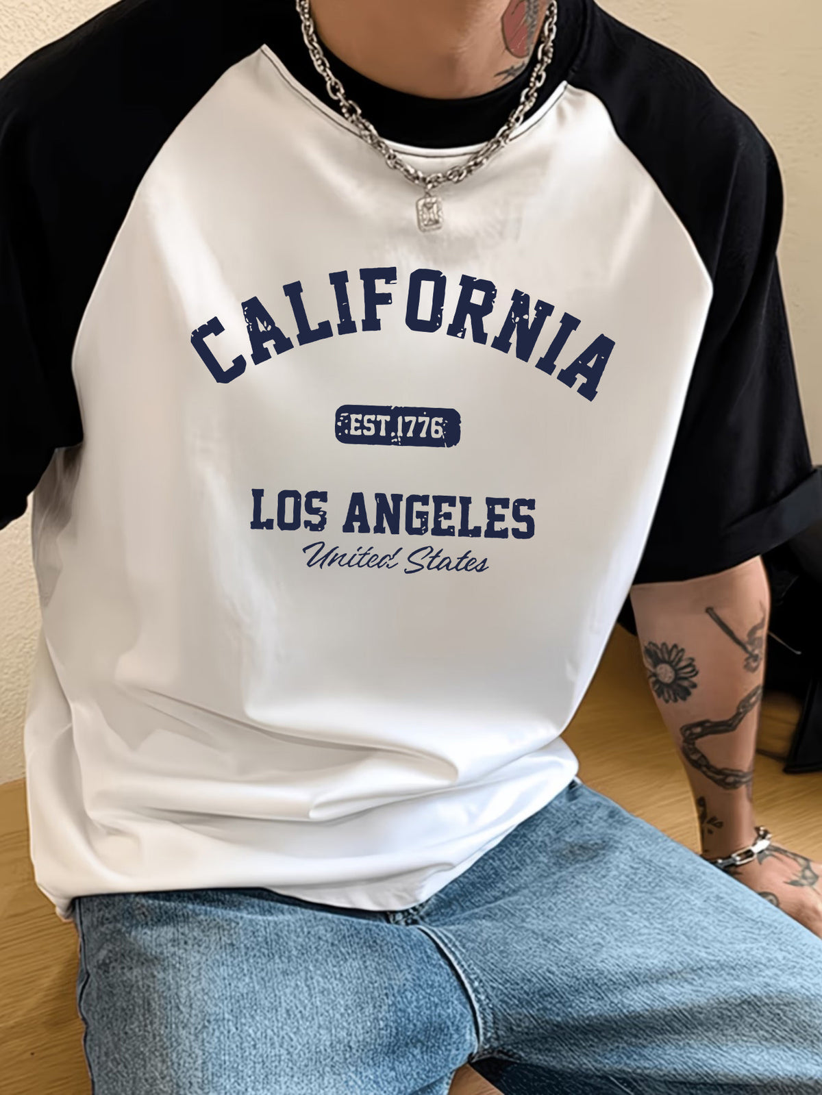 100% Cotton Trendy Simple Letter Printed Contrasting Splicing Short Sleeved Base Men's Color Round Neck T-shirt Printed Base Shirt Fashionable and Versatile Casual Daily Wear - Black And White