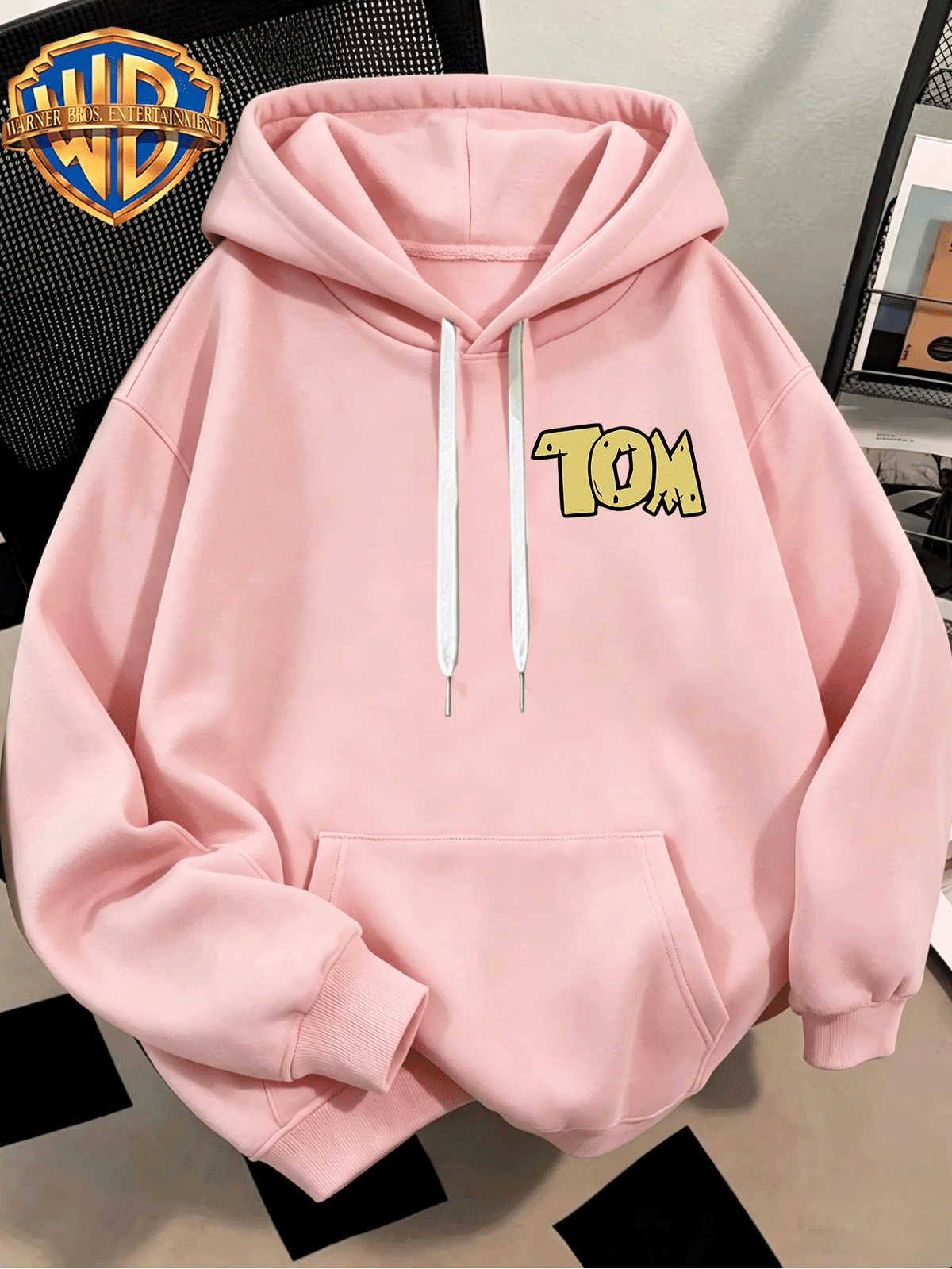 WB Men's. Official Licensed Hooded Sweater Hoodie - Retro Print (Loose Fit Hooded with Iconic WB), Machine Washable Casual Sweater Suitable for Fall/Winter, Daily Wear & for or Outings - Pink Color