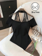 New Summer 2026 Black Lace Off-Shoulder Cinched Waist Top, Lace-Trimmed Spaghetti Straps + Off-Shoulder Short Sleeves + Asymmetrical Hem Slim-Fit Waist-Cinching T-Shirt, Elegant and Sexy Style, Suitable for Dates, Parties, Light Business, and Daily - Black