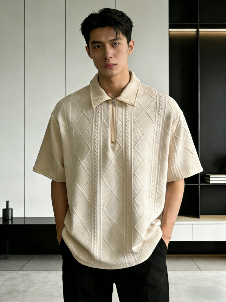 Men'S Summer New Premium Loose Short Sleeve Half-Zip Collar Polo Shirt Jacquard Short Sleeve T-Shirt - Apricot