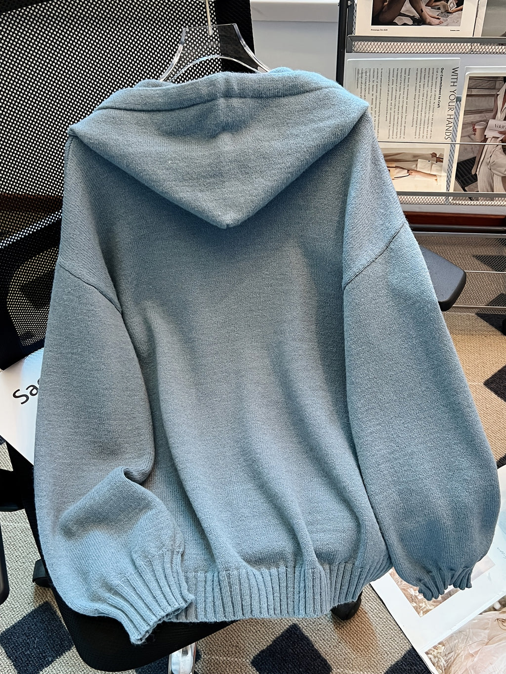 Korean-style Loose Fit Casual Hooded Sweatshirt, Autumn/Winter Solid Color Simple Versatile Drop Shoulder Lantern Sleeve Hoodie, 2026 New Fashion Women's Clothing - Military Blue
