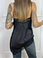 Women'S Satin Asymmetrical Cami Top, Adjustable Straps. Lace Detail on Hem, Underbust, And Neckline, Side Slit, V-Neck Design - Black