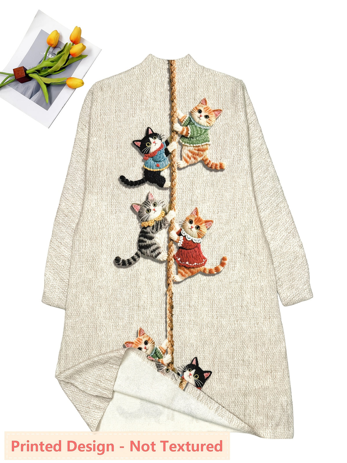 Printed Pattern - No Texture Women'S High Neck Dress - Long Sleeve Thick Pullover with Cat Print, Visual Effect, Soft Material, Suitable for Autumn And Winter Outfits - Multicolor