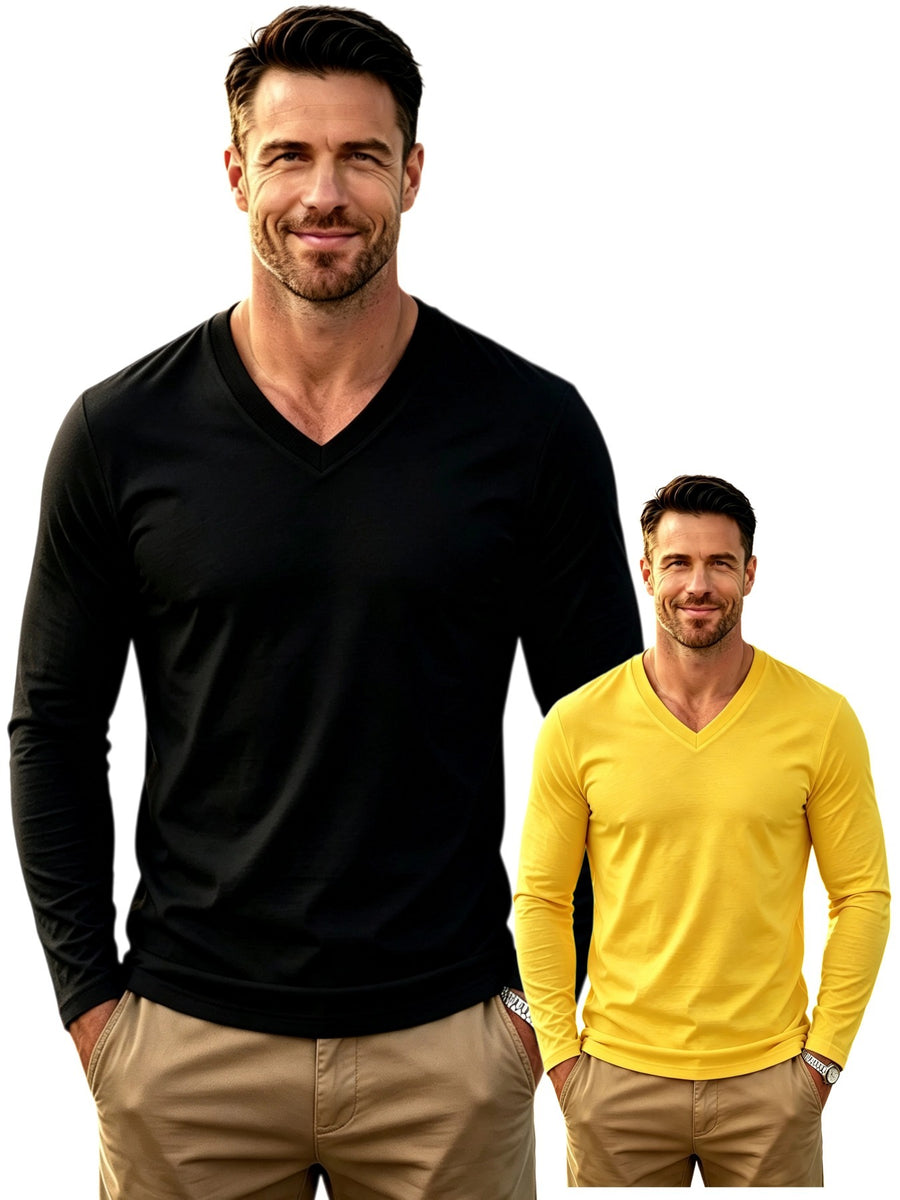 100%, 2pcs Men'S V-Neck Long Sleeve T-Shirts, Men'S Knit Sweatshirts, Casual Athletic Ribbed Neck Tops - Black+Yellow