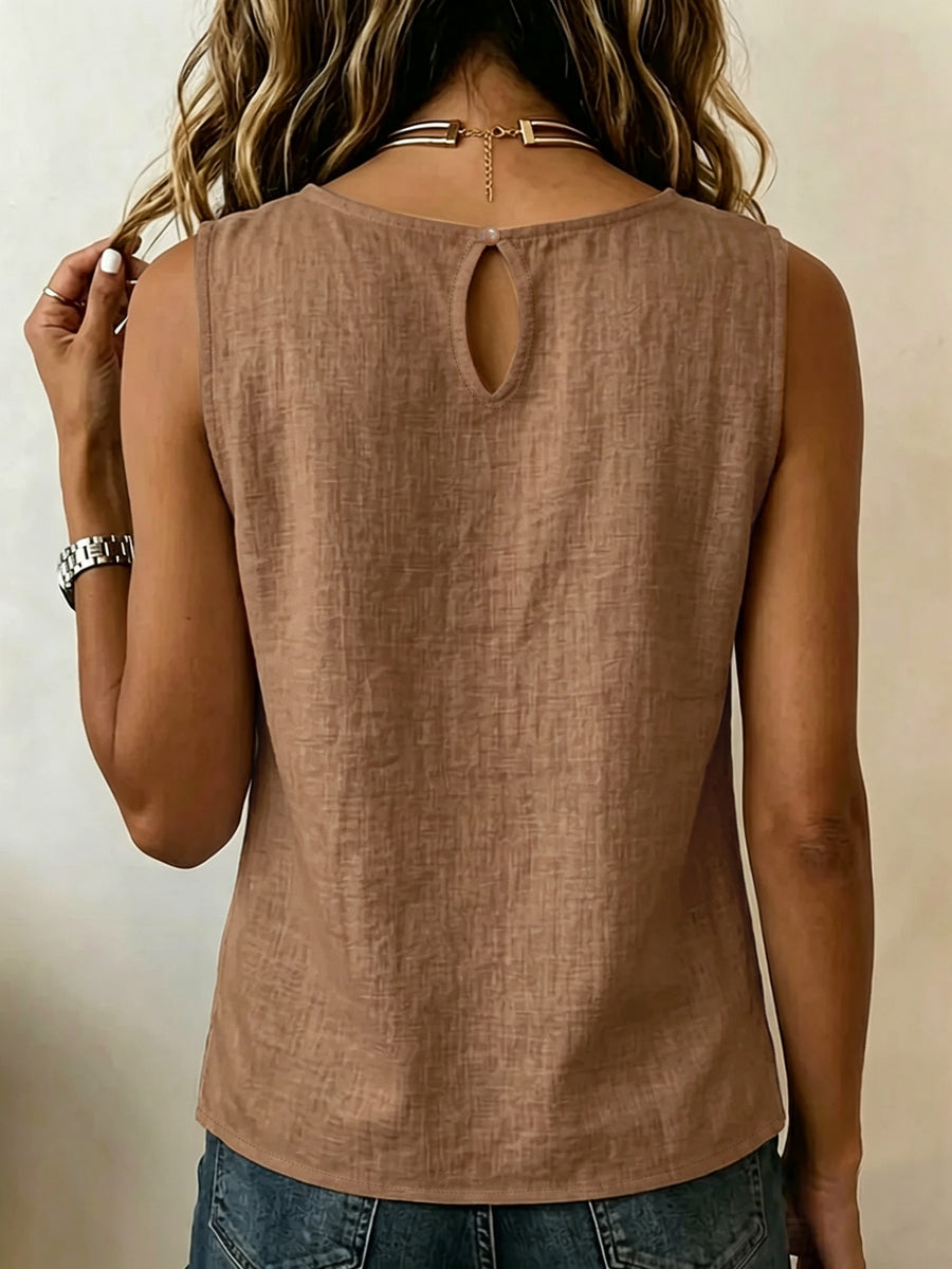 Summer Minimalist Style Round Neck Side-Button Versatile Sleeveless Shirt - Brown