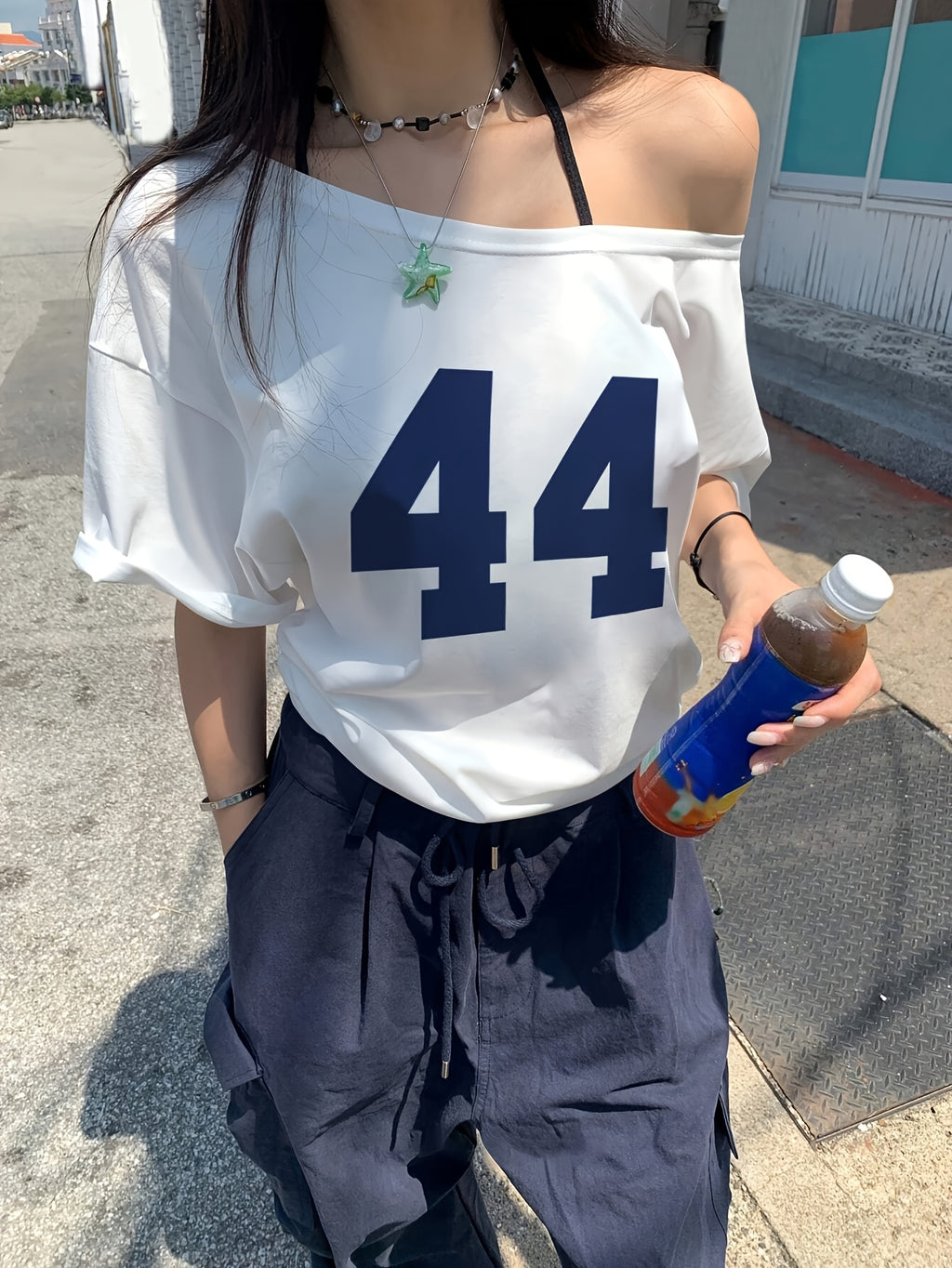 Women'S Casual Off-Shoulder Short Sleeve Number Print Pattern T-Shirt, Slouchy Casual Short Sleeve, Regular Loose Summer Short Sleeve Top - White