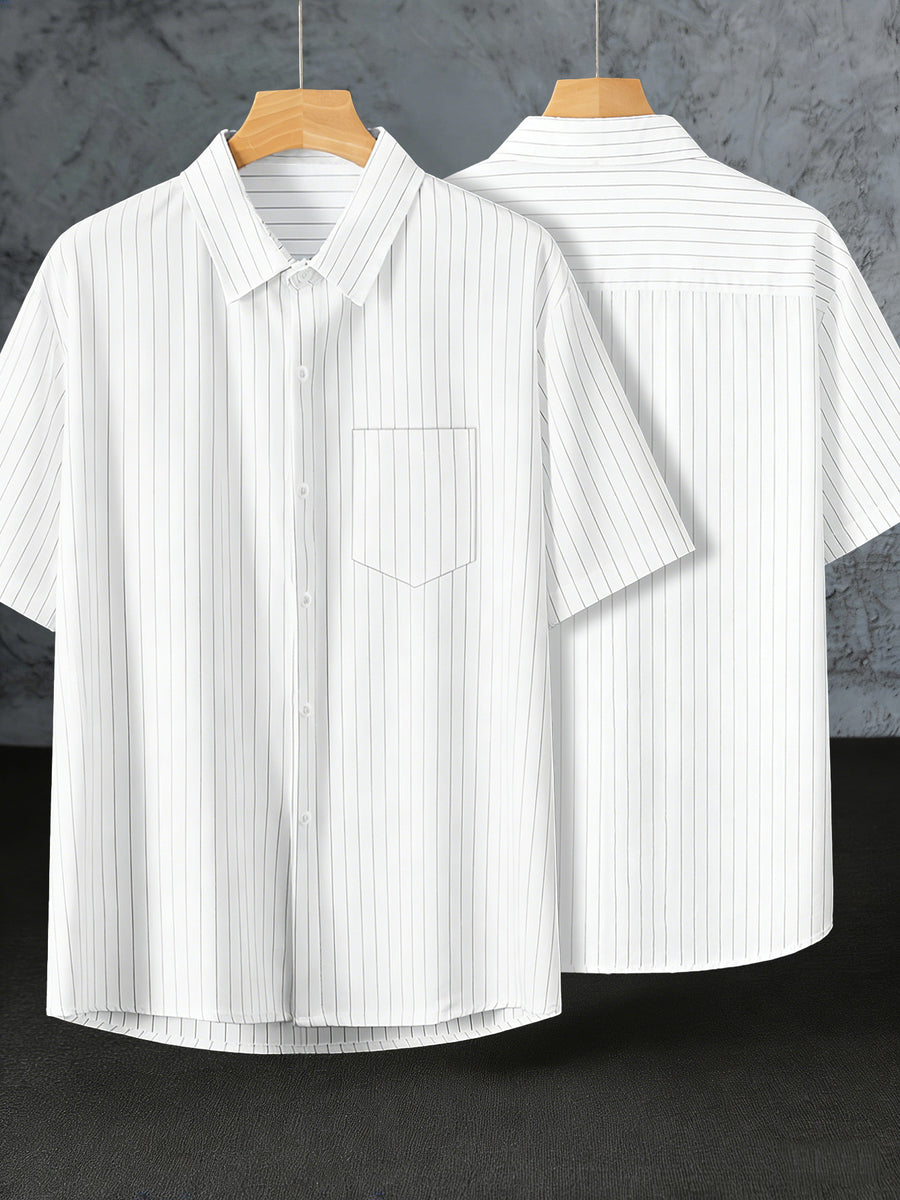 Summer Thin Striped Short Sleeve Shirt Trendy 2pcs Set Fashionable Versatile Easy Business Casual Daily Commute Outdoor Leisure Versatile Shirt Combination - White+White