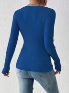 Front button solid ribbed sweater, elegant long-sleeve fitted cardigan, suitable for autumn and winter season, Women's clothing - Blue