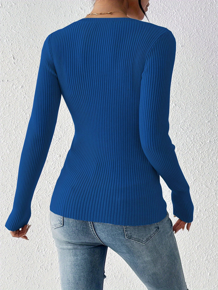 Front button solid ribbed sweater, elegant long-sleeve fitted cardigan, suitable for autumn and winter season, Women's clothing - Blue