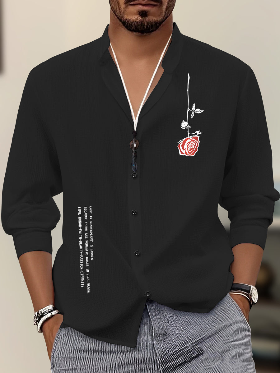 Geometric Pattern Print Men'S Business Long-Sleeved Button Stand Collar Shirt, Spring And Autumn Formal Wear, Men'S Gift - Black