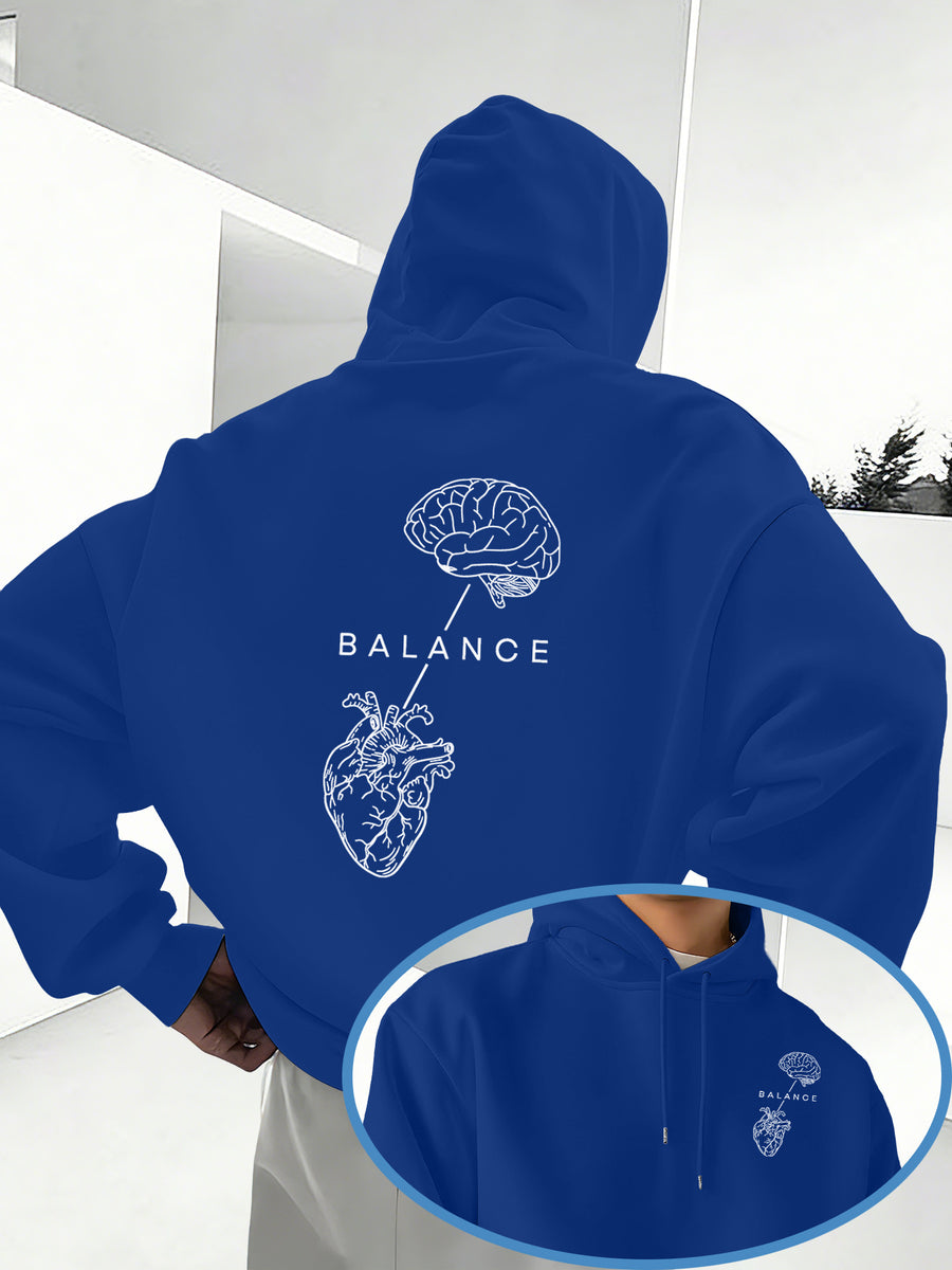 Minimalist Trendy Unisex Hoodie with Brain And Heart Balance Print - Multicolor-Blue