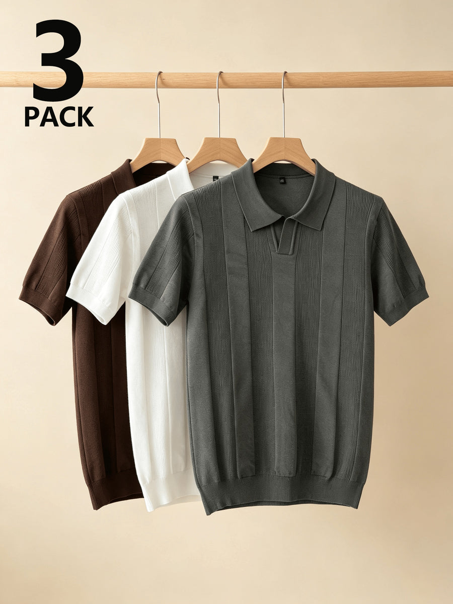 Men 3pcs Vertical Textured Knit Polo Shirts, Slim Fit Notch Collar Short Sleeve Knitwear, Lightweight Comfort Shirts for Office Vacation Daily Wear - Brown-white-gray