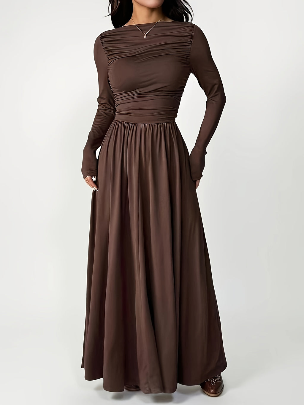 Women'S Solid Color Slim Long Sleeve Dress, Solid Color Dress, Elegant Women'S Thanksgiving Outfit, Graceful Party Gown, Wedding Party Dress, Fashion Evening Dress, Korean Style, Autumn Winter, Women'S Elegant Dress - COFFEE COLOR