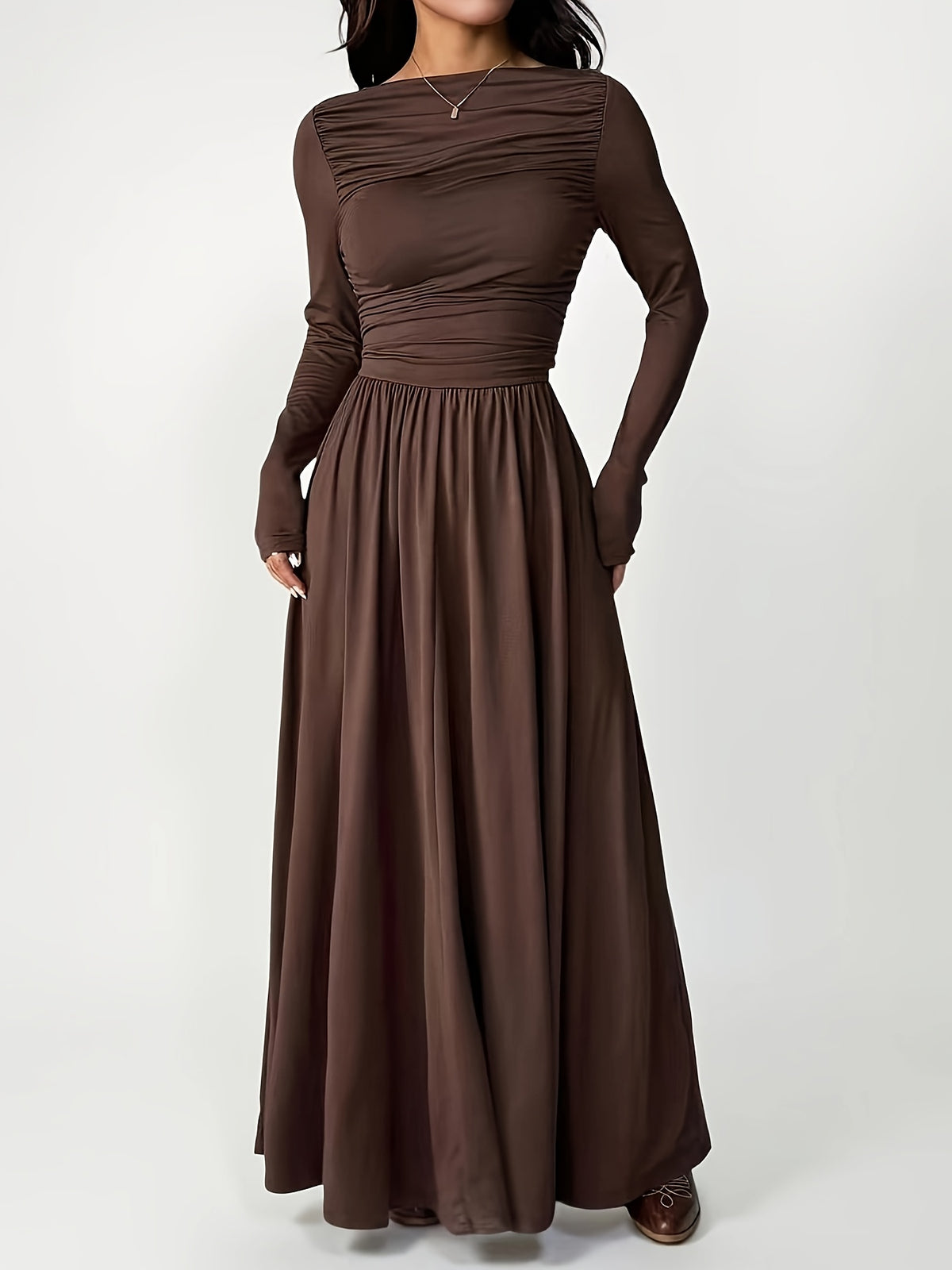 Women'S Solid Color Slim Long Sleeve Dress, Solid Color Dress, Elegant Women'S Thanksgiving Outfit, Graceful Party Gown, Wedding Party Dress, Fashion Evening Dress, Korean Style, Autumn Winter, Women'S Elegant Dress - COFFEE COLOR