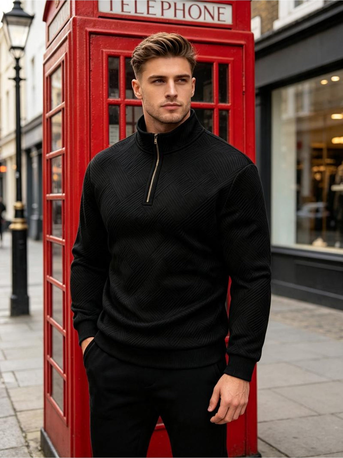 Men'S Fashion Quarter-Zip Pullover Sweatshirts 2pcs, White And Black with Golden Zippers, Textured Diamond Pattern, Polyester Material, Form-Fitting Athletic Cut, Multiple Sizes Available - White+black