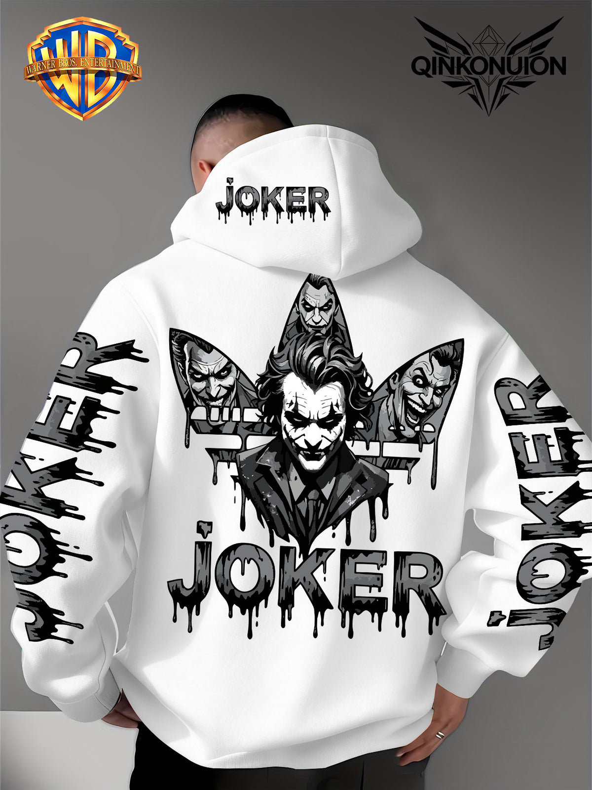 Warner Official Men's Hoodie, Multi Sided Clown Dark Dripping Graffiti Trendy Brand Printed Design, Machine Washable, Warm and Casual for Autumn and Winter, Daily Drawstring Hoodie, Multi Functional Sports and Leisure Loose Version - White