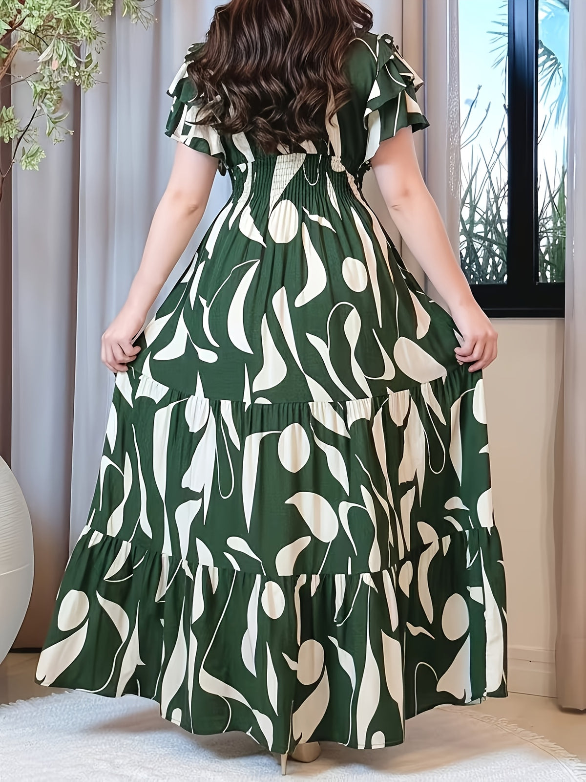 Women'S Elegant Summer Puff Sleeve Cross Neck Waist-Defining Cake Dress, Elegant Orientation - Green