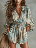 [Vacation] Floral Line Print Jumpsuit, Elastic High-Waist Design, Loose Style, Deep V-Neck Lantern Sleeve Dress - Apricot