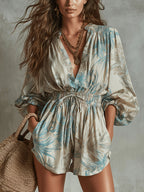 [Vacation] Floral Line Print Jumpsuit, Elastic High-Waist Design, Loose Style, Deep V-Neck Lantern Sleeve Dress - Apricot