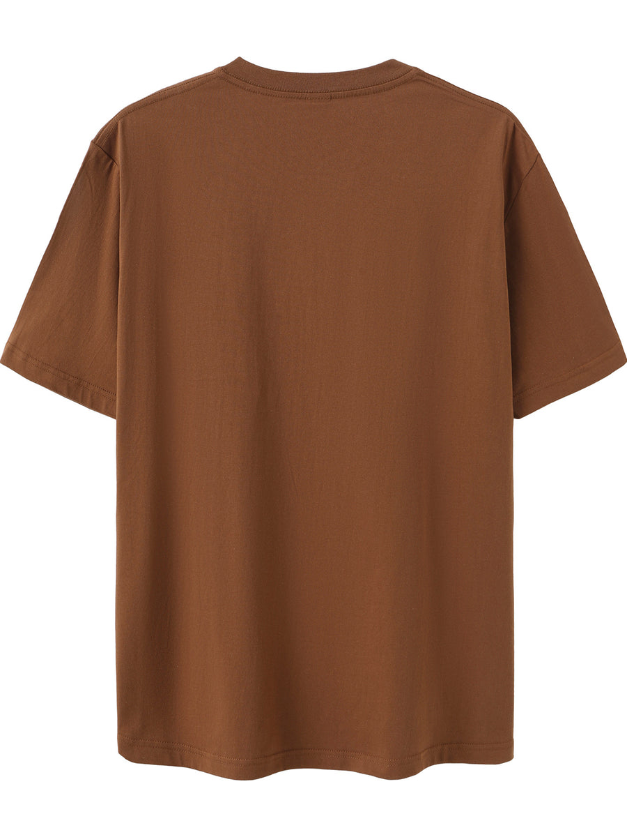 Men's Print Pure Cotton T-Shirt, Summer Fashion Vintage Trendy Casual Breathable Everyday Versatile Crew Neck Short Sleeve Top - Coffee Brown