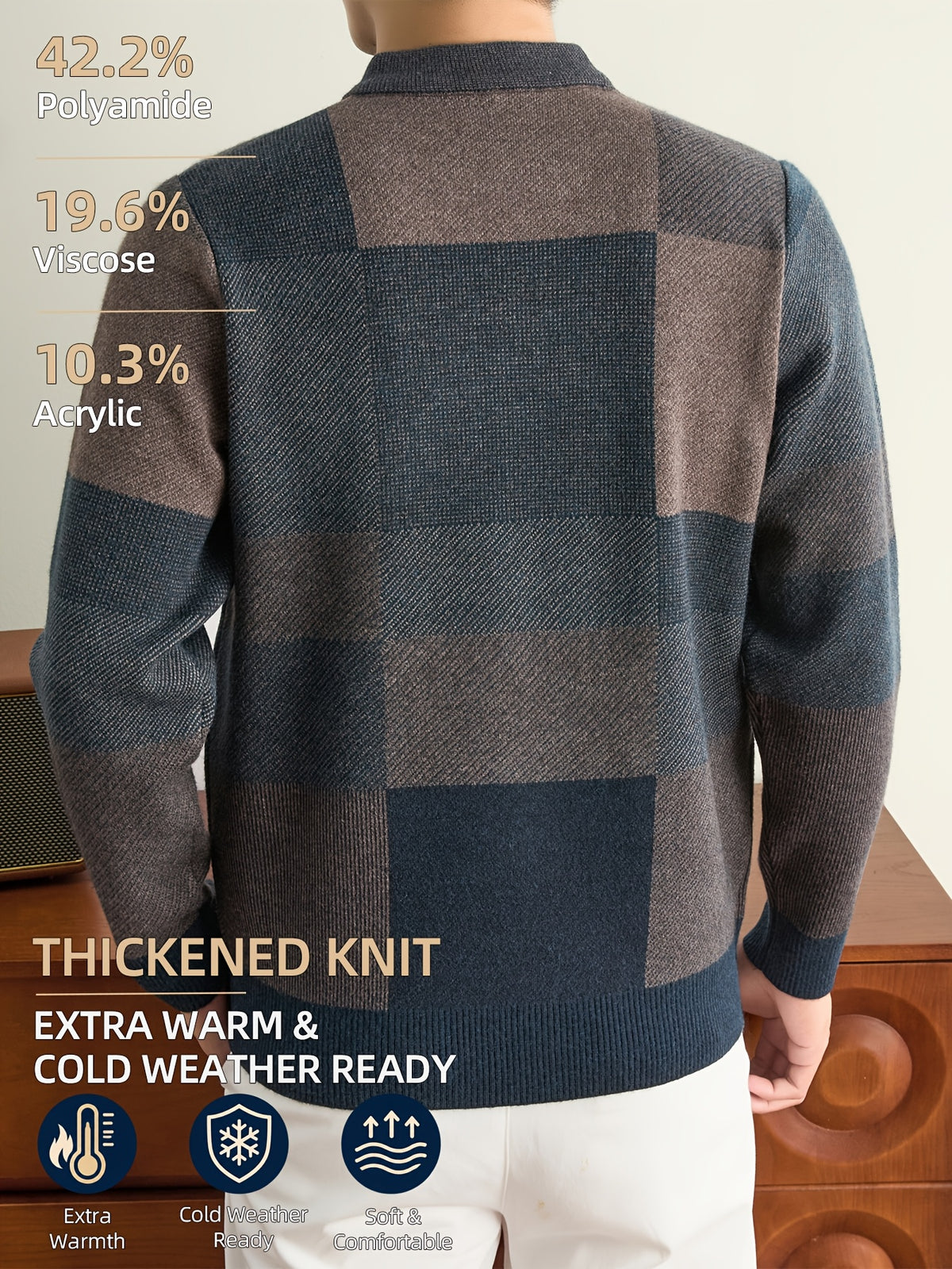 Men'S Autumn And Winter Knitted Pullover Sweater, Classic Crew Neck with Color-Block Geometric Design, Thick And Warm for Cold Weather, Ideal for Casual Wear, Outdoor Activities, Camping, Hiking, And Fishing, Gift for Dad Or Husband - Dark Gray