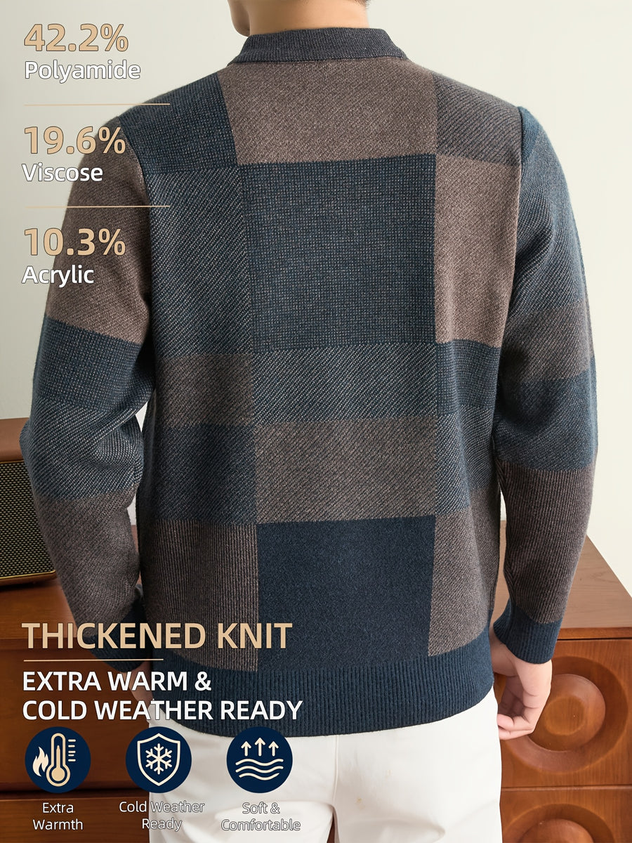 Men'S Autumn And Winter Knitted Pullover Sweater, Classic Crew Neck with Color-Block Geometric Design, Thick And Warm for Cold Weather, Ideal for Casual Wear, Outdoor Activities, Camping, Hiking, And Fishing, Gift for Dad Or Husband - Dark Gray