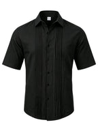 Men's Solid Color Button-Up Lapel Collar Short Sleeve Shirt - Breathable Textured Linen Button-Front Collar Shirt Suitable for Beach, Casual & -Casual Wear, Summer Office Outfits - Non-Stretch Button Collar - Black