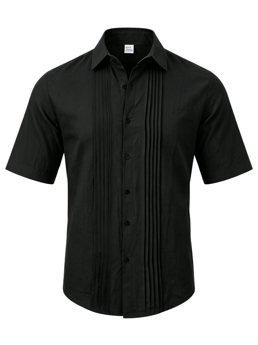 Men's Solid Color Button-Up Lapel Collar Short Sleeve Shirt - Breathable Textured Linen Button-Front Collar Shirt Suitable for Beach, Casual & -Casual Wear, Summer Office Outfits - Non-Stretch Button Collar - Black