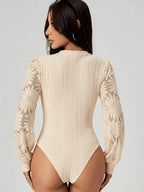 Women Long Sleeve Bodysuit Lace Mesh Sheer Sleeve Mock Neck Cable Ribbed Slim Fit Leotard Tops Sexy Going Out Clubwear Party Elegant Fall Winter Jumpsuit Apricot Beige - Off-white