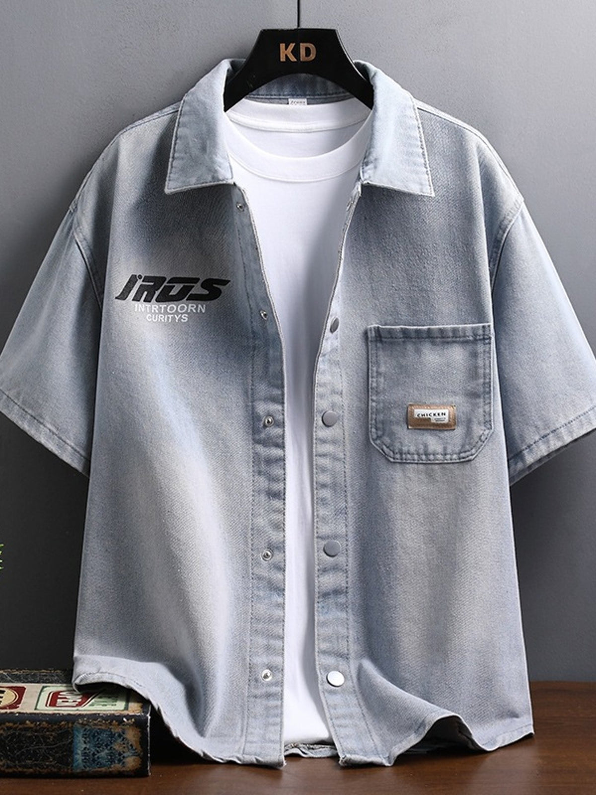 Men's Trachten Shirt, New Summer Style with Lapel, Washed Denim Short-Sleeve Shirt, Trendy Men's  Casual Shirt BX - Blue
