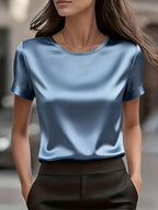 Women's Simple Round Neck Short Sleeve T-Shirt - Satin Texture, Ideal for Mother's Day & Independence Day Commute, Suitable for Spring & Summer Office & Casual Looks, Luxury Style Outfit - cyan blue